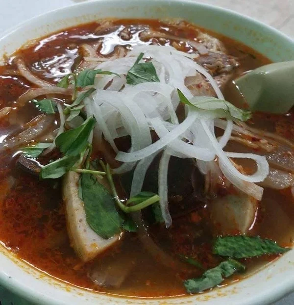 Spicy Beef Noodle Soup with Sliced Onions and Herbs
